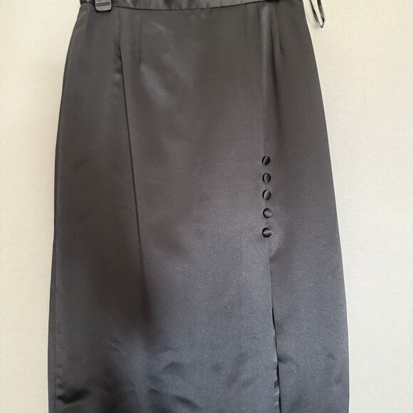 Vintage ALEX EVENINGS Midi Skirt 12P Black Straight Pencil Satin Side Buttons - Picture 2 of 11